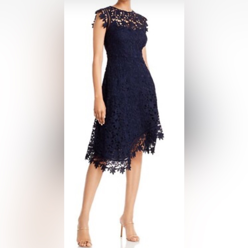 Eliza J Navy Asymmetrical Lace Dress